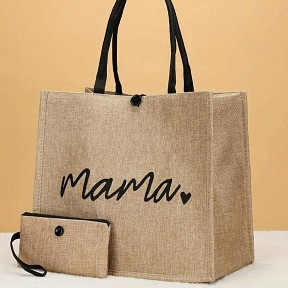 Mama Linen Shopping Tote Bag Button Closure Bonus Zip Bag - Picture 1 of 7